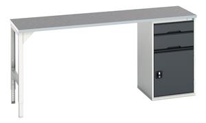 verso pedestal bench with 2 drawers/cbd 525W cab & lino top. WxDxH: 2000x600x930mm. RAL 7035/5010 or selected Verso Pedastal Benches with Drawer / Cupboard Unit